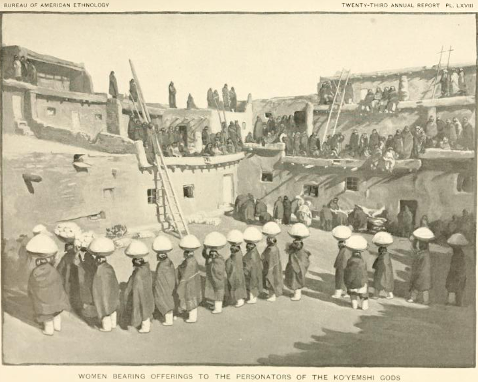 Zuñi ceremonial women bearing offerings of corn, wheat, bread, to the personnators of the Ko'yemshi gods, c. 1900